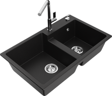 Mexen Tomas granite sink 2-chamber with Flora kitchen tap, black - 6516-77-670401-00