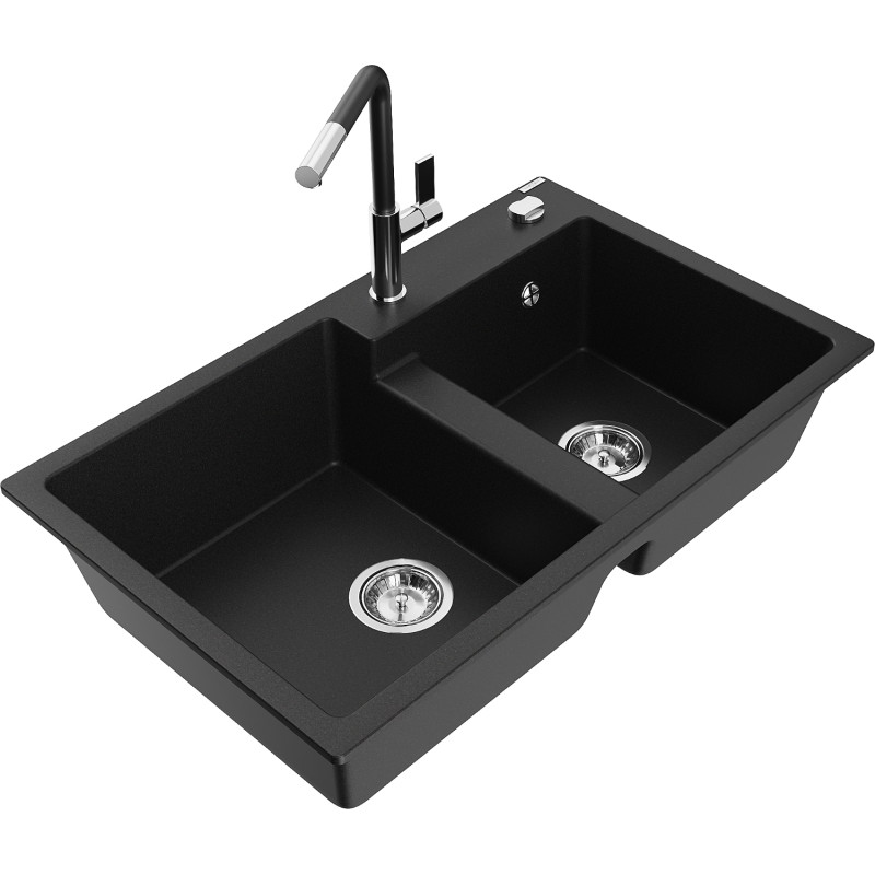 Mexen Tomas fregadero de cocina de granito de 2 senos con grifo Flora, negro - 6516-77-670401-07