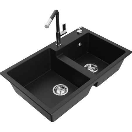 Mexen Tomas fregadero de granito de 2 compartimentos con grifo de cocina Flora, negro - 6516-77-670401-07