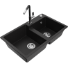 Mexen Tomas 2-bowl granite sink with Flora kitchen tap, black - 6516-77-670401-07
