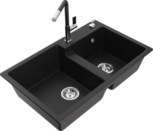 Mexen Tomas 2-bowl granite sink with Flora kitchen tap, black - 6516-77-670401-07