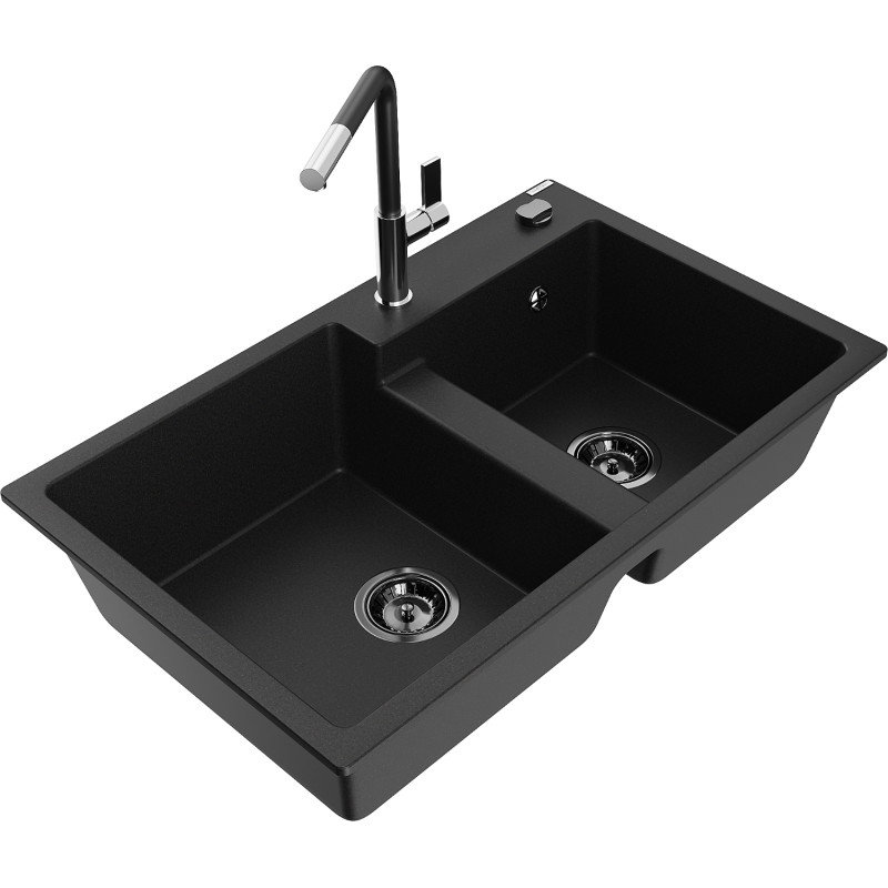 Mexen Tomas fregadero de granito de 2 compartimentos con grifería de cocina Flora, negro - 6516-77-670401-07-B