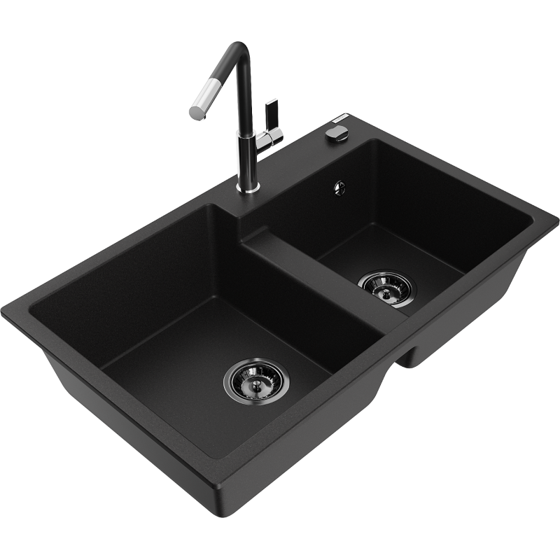 Mexen Tomas granite sink 2-bowl with Flora kitchen tap, black - 6516-77-670401-07-B