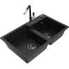 Mexen Tomas fregadero de granito de 2 cubetas con grifo de cocina Flora, negro - 6516-77-670401-07-B
