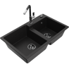 Mexen Tomas granite sink 2-bowl with Flora kitchen faucet, black - 6516-77-670401-07-B