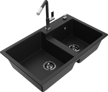 Mexen Tomas fregadero de granito de 2 cubetas con grifo de cocina Flora, negro - 6516-77-670401-07-B
