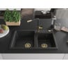 Mexen Tomas 2-bowl granite kitchen sink with Flora tap, black - 6516-77-670401-57-G