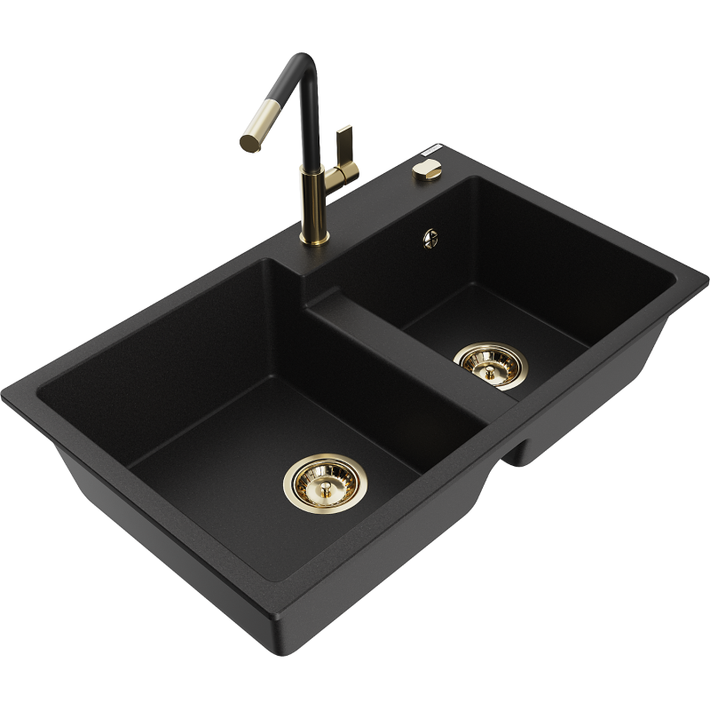 Mexen Tomas 2-bowl granite kitchen sink with Flora tap, black - 6516-77-670401-57-G