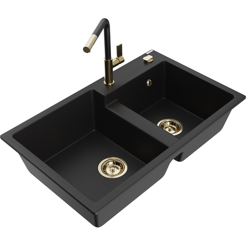 Mexen Tomas fregadero de granito de 2 senos con grifo de cocina Flora, negro - 6516-77-670401-57-G