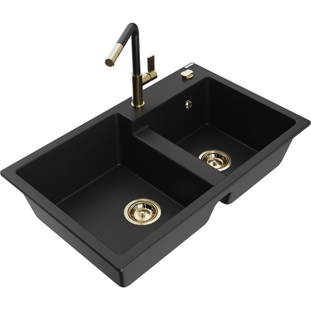 Mexen Tomas fregadero de granito de 2 senos con grifo de cocina Flora, negro - 6516-77-670401-57-G