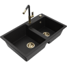 Mexen Tomas 2-bowl granite kitchen sink with Flora tap, black - 6516-77-670401-57-G