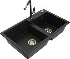 Mexen Tomas fregadero de granito de 2 senos con grifo de cocina Flora, negro - 6516-77-670401-57-G