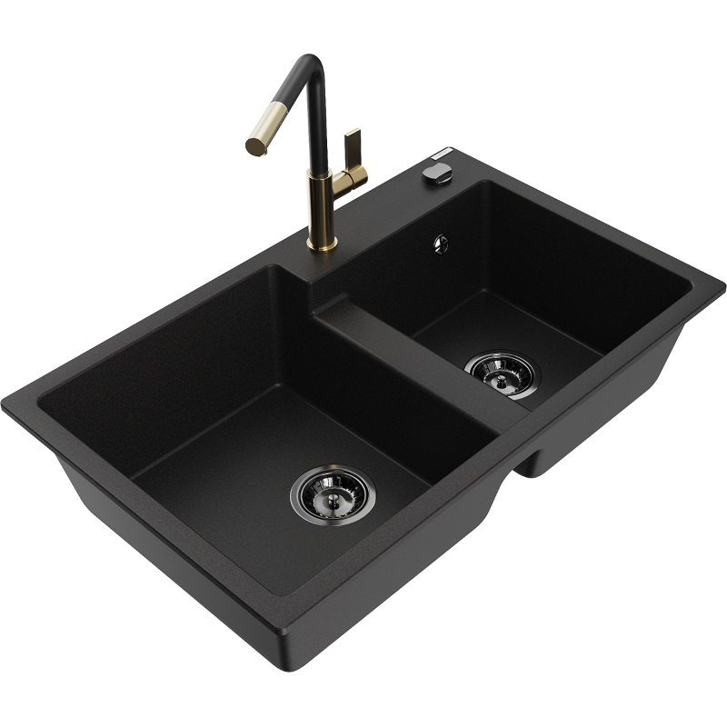Mexen Tomas granite kitchen sink 2-bowl with Flora kitchen tap, black - 6516-77-670401-57-B