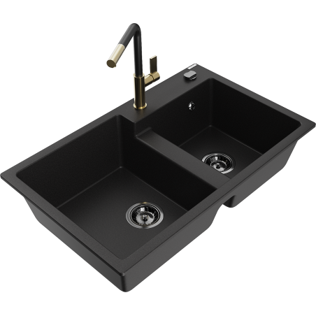 Mexen Tomas fregadero de granito de 2 compartimentos con grifo de cocina Flora, negro - 6516-77-670401-57-B