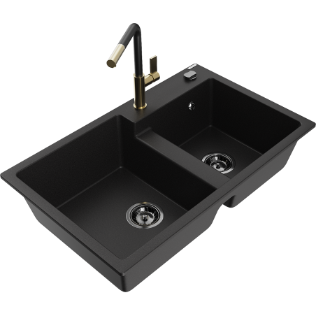 Mexen Tomas granite kitchen sink 2-bowl with Flora kitchen tap, black - 6516-77-670401-57-B