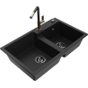 Mexen Tomas granite kitchen sink 2-bowl with Flora kitchen tap, black - 6516-77-670401-57-B