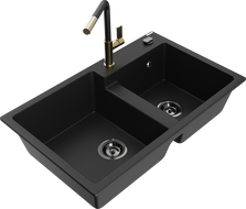 Mexen Tomas granite kitchen sink 2-bowl with Flora kitchen tap, black - 6516-77-670401-57-B