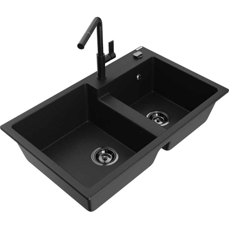 Mexen Tomas fregadero de granito de 2 senos con grifo de cocina Flora, negro - 6516-77-670401-70-B