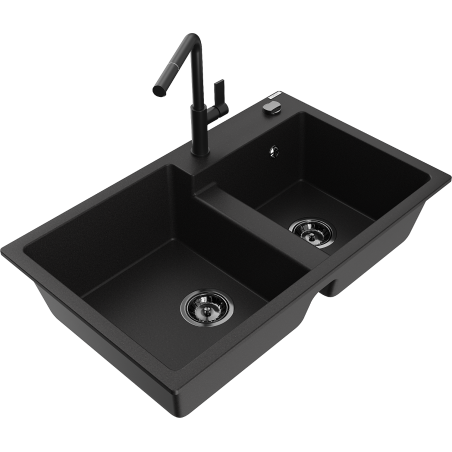 Mexen Tomas fregadero de granito de 2 senos con grifo de cocina Flora, negro - 6516-77-670401-70-B