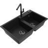 Mexen Tomas granite double sink with Flora kitchen tap, black - 6516-77-670401-70-B
