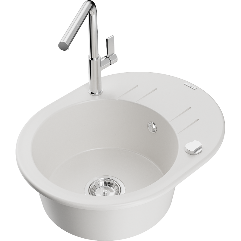 Mexen Kevin fregadero de granito de 1 cubeta con escurridor y grifo de cocina Flora, blanco - 6517-20-670401-00