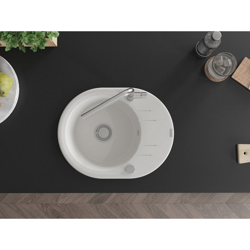 Mexen Kevin 1-bowl granite sink with drainer and Flora kitchen tap, white - 6517-20-670401-00