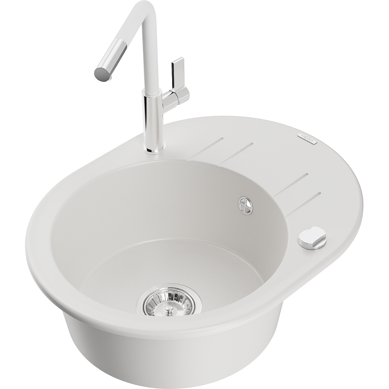 Mexen Kevin lavello da cucina in granito 1-vasca con gocciolatoio e miscelatore Flora, bianco - 6517-20-670401-02