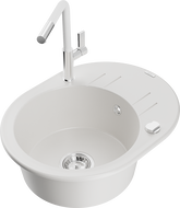 Mexen Kevin granite sink single-bowl with drainer and Flora kitchen tap, white - 6517-20-670401-02