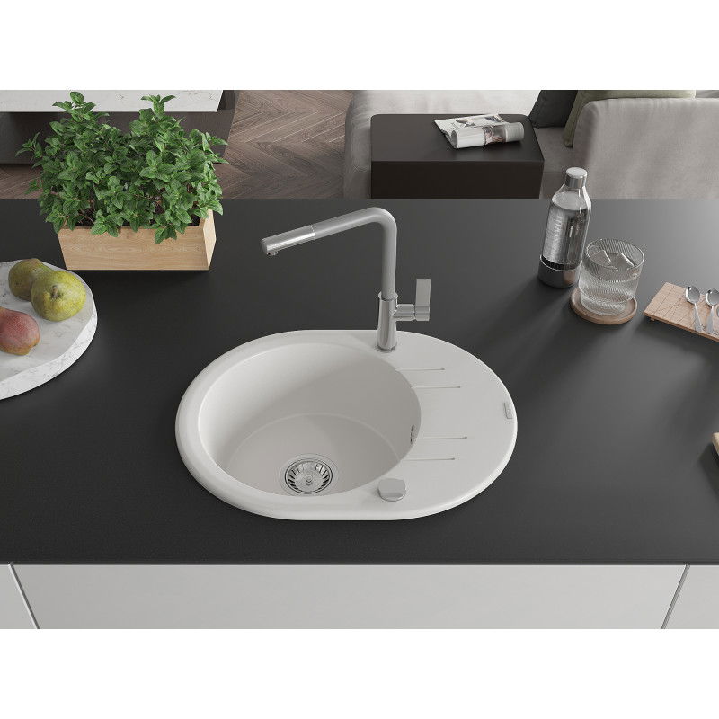 Mexen Kevin granite single-bowl sink with drainer and Flora kitchen tap, white - 6517-20-670401-06