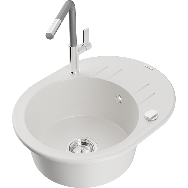 Mexen Kevin fregadero de granito de 1 cubeta con escurridor y grifo de cocina Flora, blanco - 6517-20-670401-06