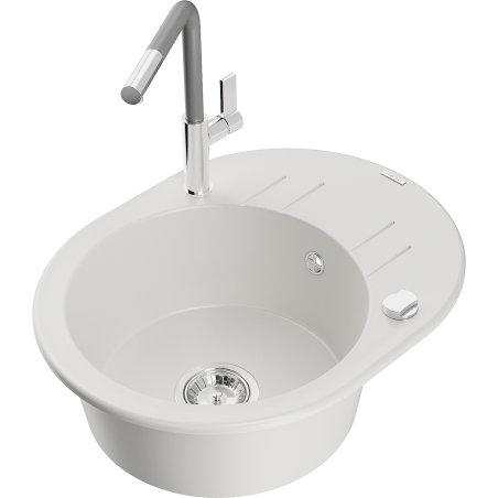 Mexen Kevin granite single-bowl sink with drainer and Flora kitchen tap, white - 6517-20-670401-06