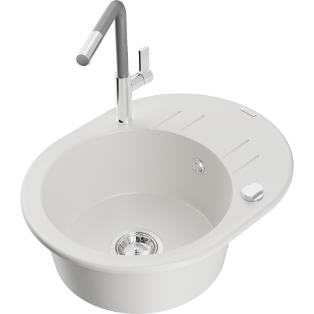 Mexen Kevin lavello in granito a 1 vasca con gocciolatoio e rubinetto da cucina Flora, bianco - 6517-20-670401-06