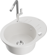 Mexen Kevin granite single-bowl sink with drainer and Flora kitchen tap, white - 6517-20-670401-06