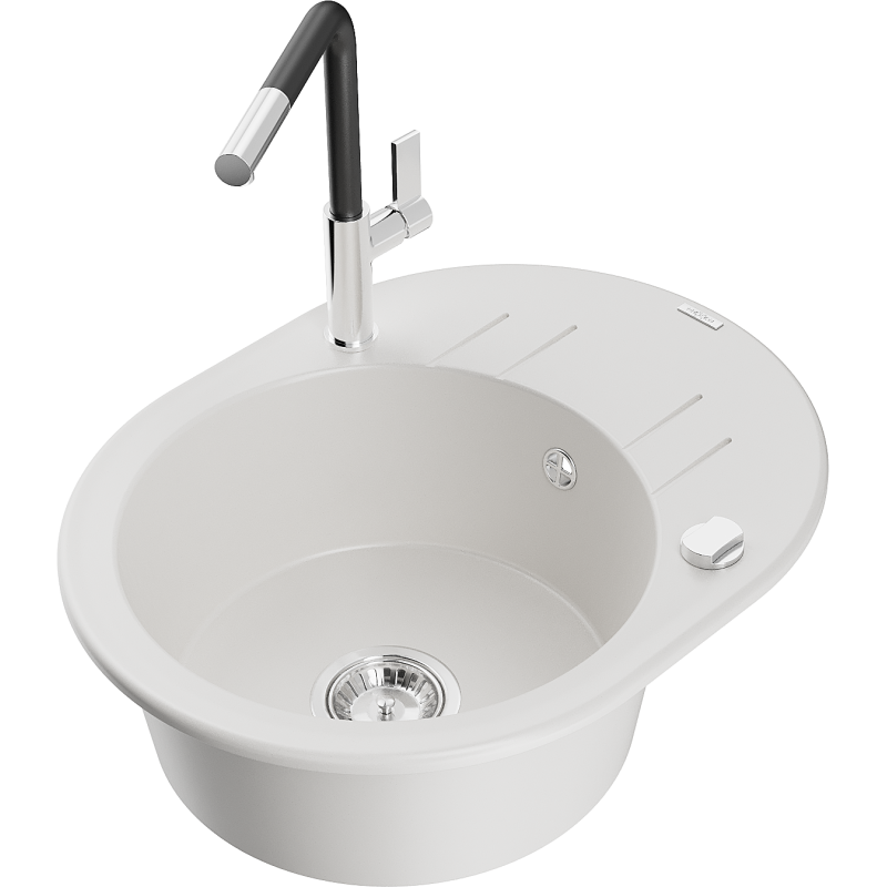 Mexen Kevin lava-louça de granito 1-cuba com escorredor e torneira de cozinha Flora, branco - 6517-20-670401-07