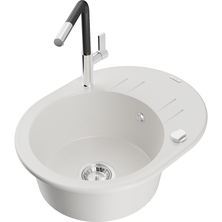 Mexen Kevin granieten keukenafvoer 1-kompartiment met afdruiprek en keukenmengkraan Flora, wit - 6517-20-670401-07