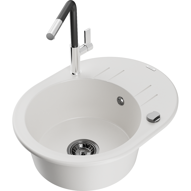 Mexen Kevin fregadero de granito de 1 cámara con escurridor y grifo de cocina Flora, blanco - 6517-20-670401-07-B