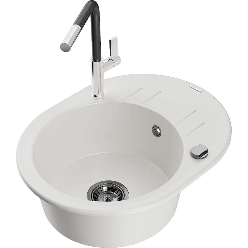 Mexen Kevin lavello da cucina in granito 1-vasca con sgocciolatoio e rubinetto da cucina Flora, bianco - 6517-20-670401-07-B