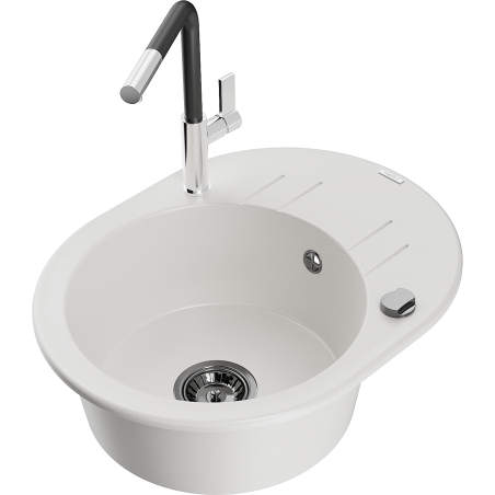 Mexen Kevin fregadero de granito de 1 cámara con escurridor y grifo de cocina Flora, blanco - 6517-20-670401-07-B