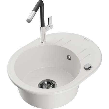 Mexen Kevin granīta izlietne ar vienu nodalījumu un noteces plati un virtuves jaucējkrānu Flora, balta - 6517-20-670401-07-B