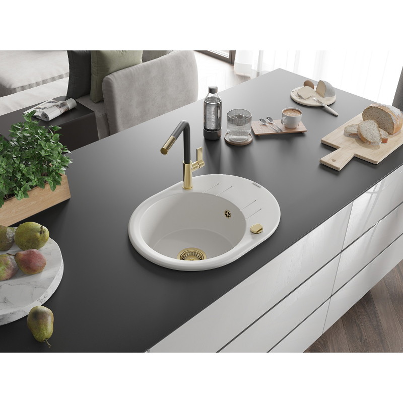 Mexen Kevin fregadero de cocina de granito con 1 cubeta, escurridor y grifo Flora, blanco - 6517-20-670401-57-G