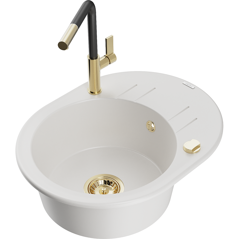 Mexen Kevin fregadero de granito de 1 seno con escurridor y grifo de cocina Flora, blanco - 6517-20-670401-57-G