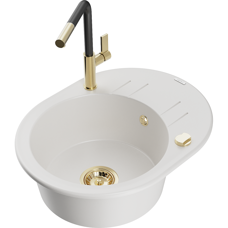 Mexen Kevin Granitspüle 1-Becken mit Abtropffläche und Küchenarmatur Flora, weiß - 6517-20-670401-57-G