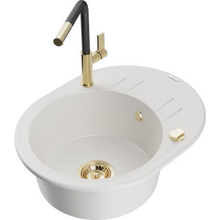 Mexen Kevin lavello in granito a 1 vasca con sgocciolatoio e rubinetto da cucina Flora, bianco - 6517-20-670401-57-G