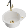 Mexen Kevin granite kitchen sink 1-bowl with drainer and Flora kitchen tap, white - 6517-20-670401-57-G