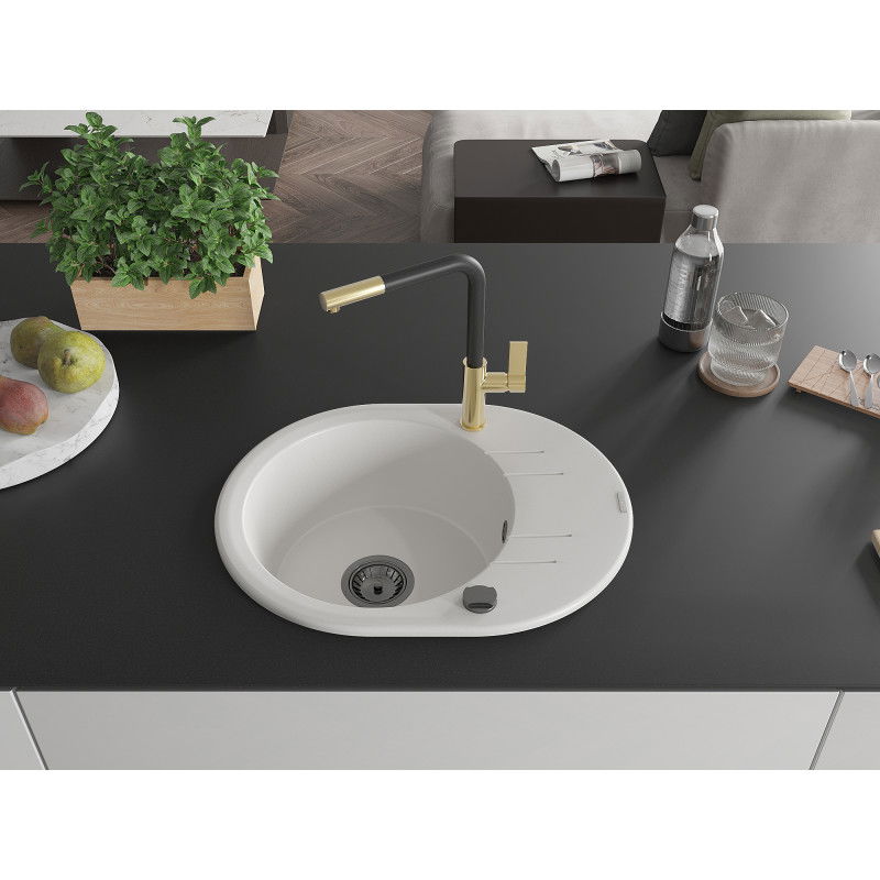 Mexen Kevin 1-bowl granite sink with drainer and Flora kitchen tap, white - 6517-20-670401-57-B