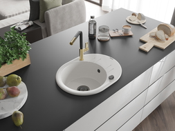 Mexen Kevin fregadero de granito de 1 cuenco con escurridor y grifo de cocina Flora, blanco - 6517-20-670401-57-B