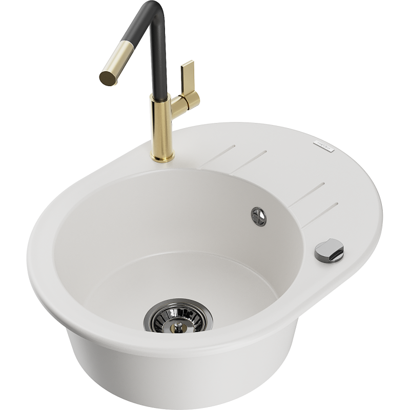 Mexen Kevin fregadero de granito de 1 cuenco con escurridor y grifo de cocina Flora, blanco - 6517-20-670401-57-B