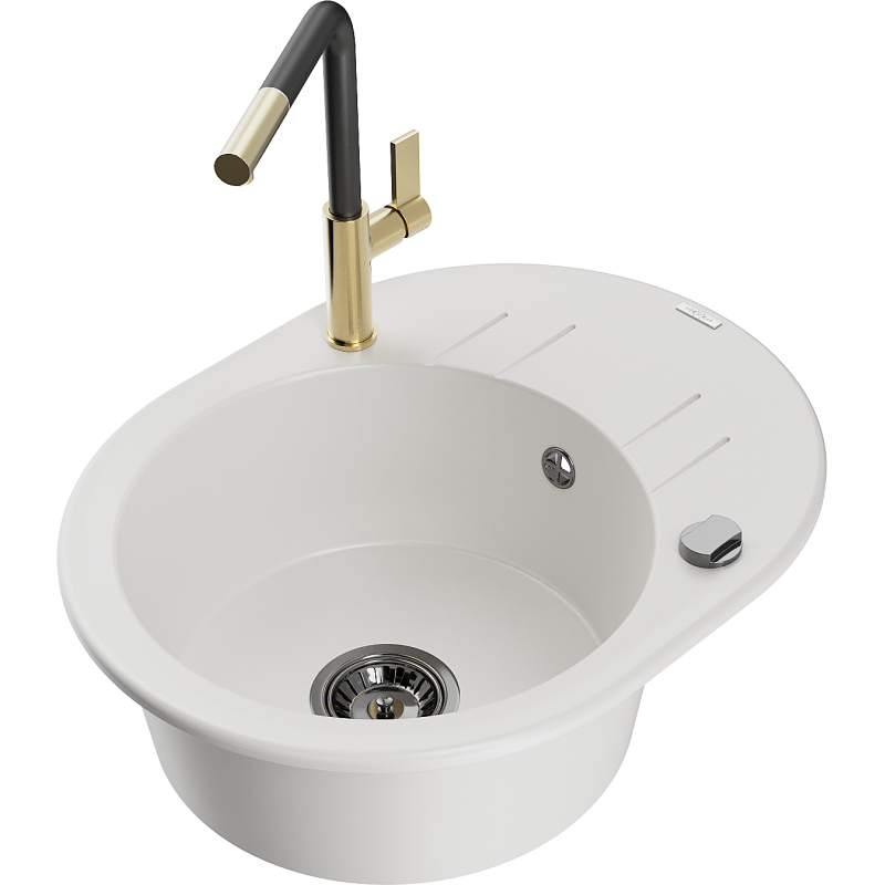 Mexen Kevin granieten spoelbak 1-kamer met afdruiprek en keukenmengkraan Flora, wit - 6517-20-670401-57-B