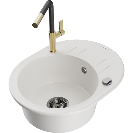 Mexen Kevin 1-bowl granite sink with drainer and Flora kitchen tap, white - 6517-20-670401-57-B