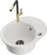 Mexen Kevin 1-bowl granite sink with drainer and Flora kitchen tap, white - 6517-20-670401-57-B